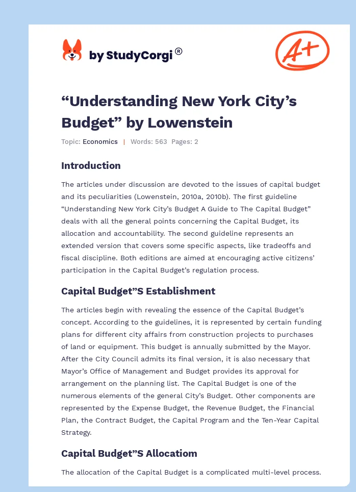 “Understanding New York City’s Budget” by Lowenstein. Page 1
