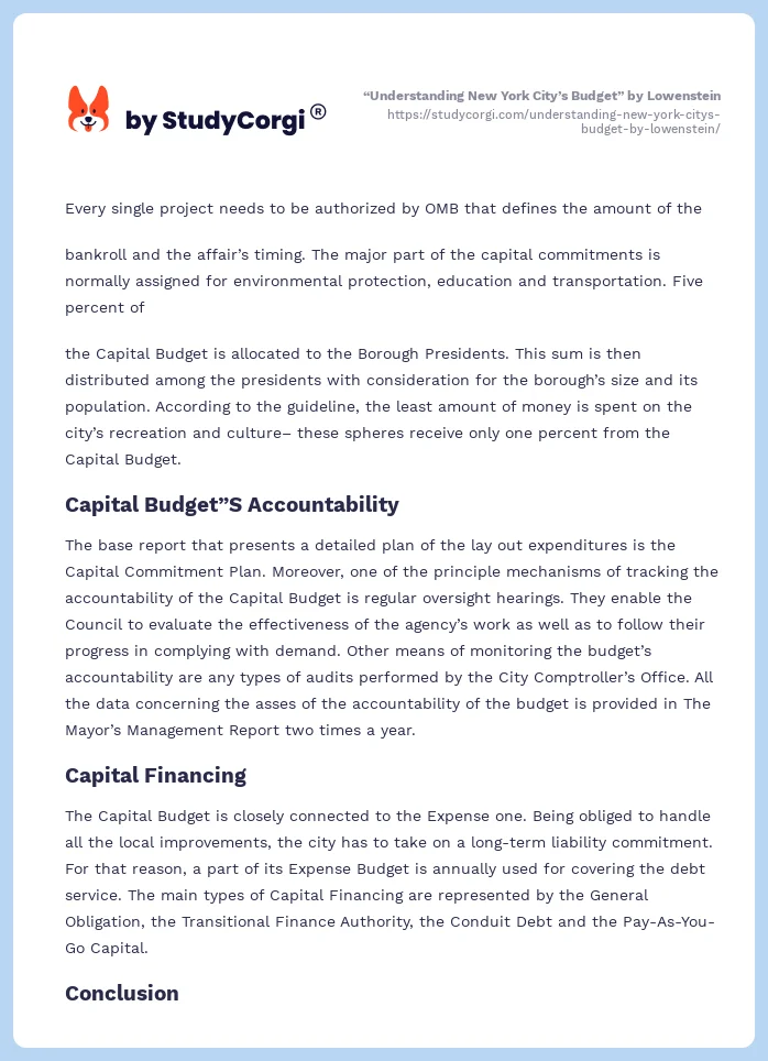“Understanding New York City’s Budget” by Lowenstein. Page 2