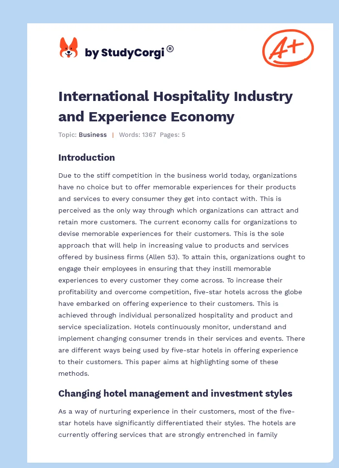 International Hospitality Industry and Experience Economy. Page 1