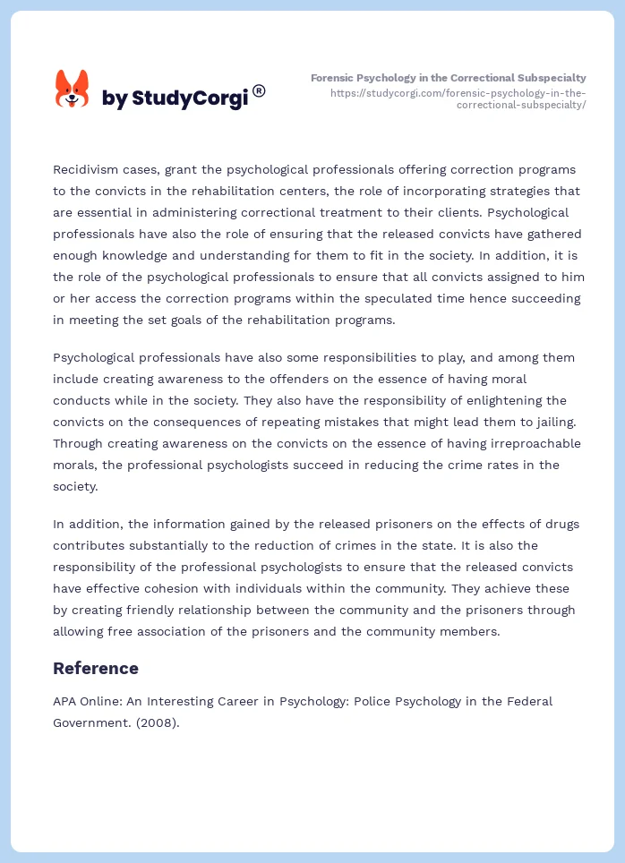 Forensic Psychology in the Correctional Subspecialty. Page 2