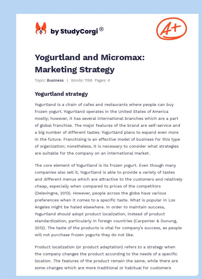 Yogurtland and Micromax: Marketing Strategy. Page 1