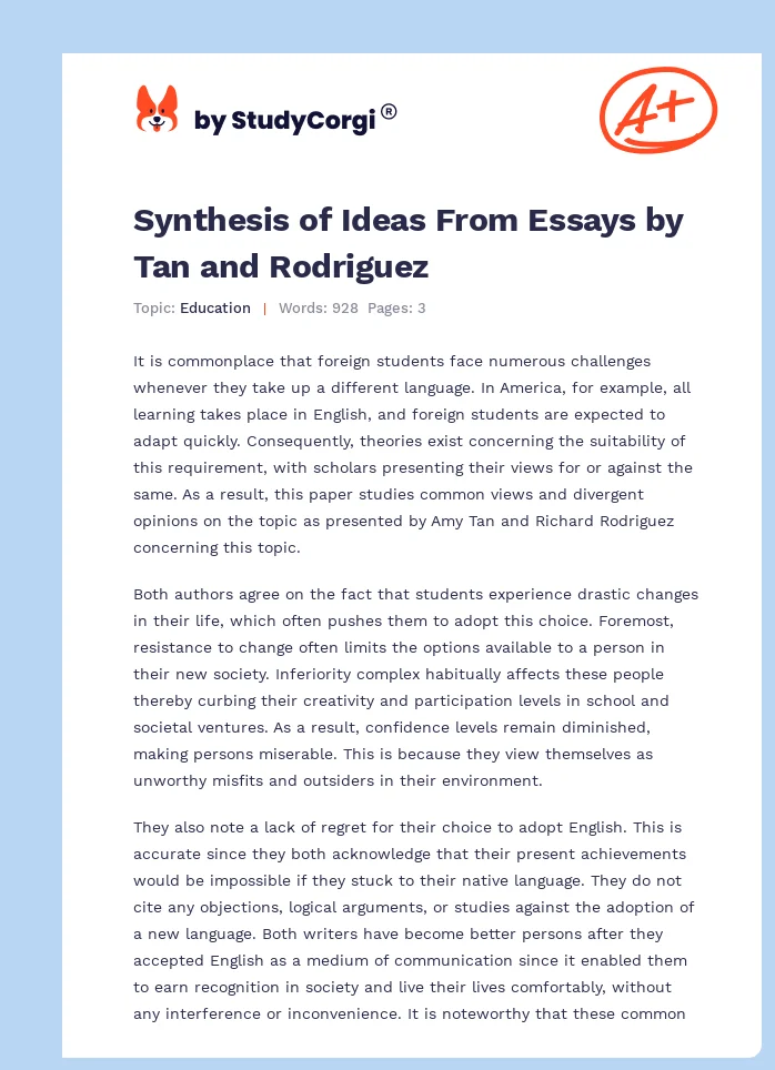 Synthesis of Ideas From Essays by Tan and Rodriguez. Page 1