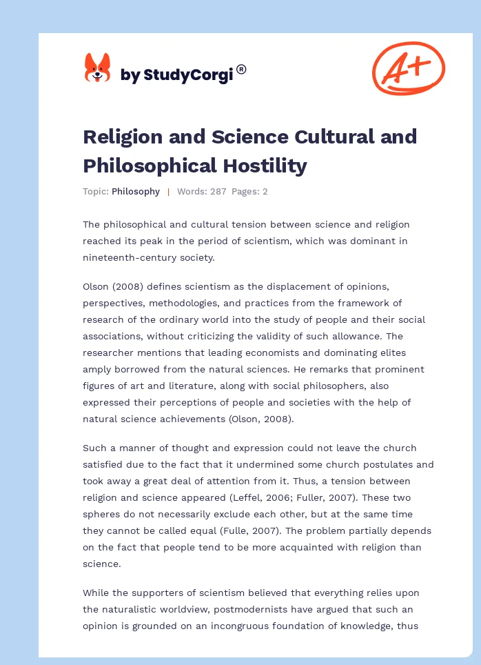 Religion and Science Cultural and Philosophical Hostility. Page 1