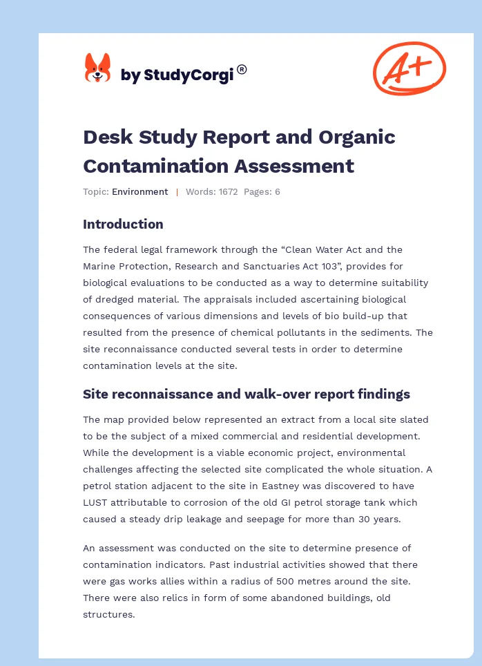 Desk Study Report and Organic Contamination Assessment. Page 1