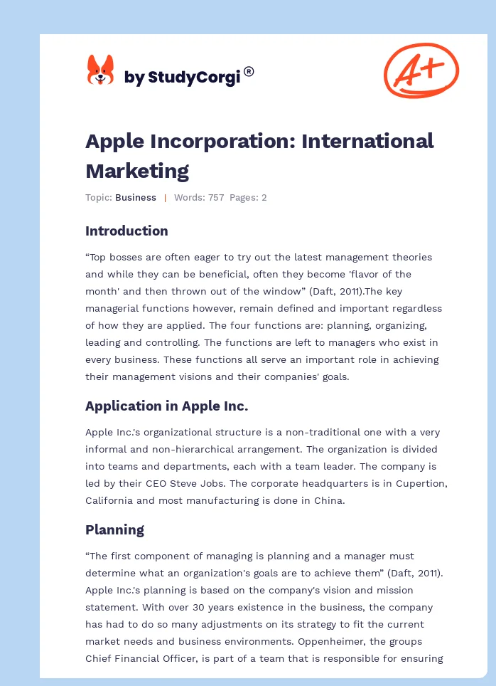 Apple Incorporation: International Marketing. Page 1