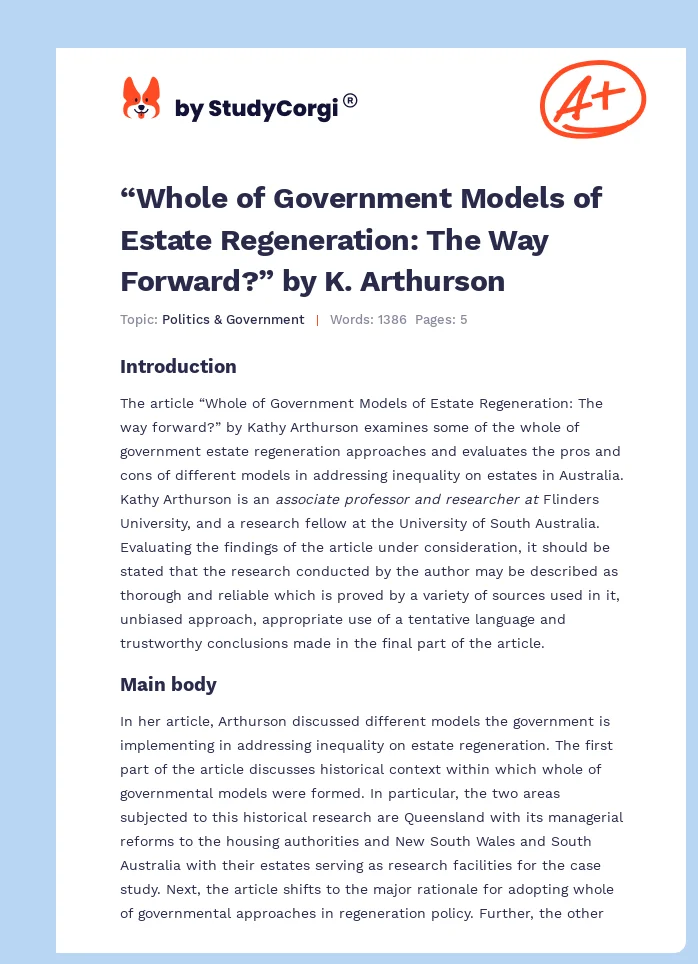 “Whole of Government Models of Estate Regeneration: The Way Forward?” by K. Arthurson. Page 1