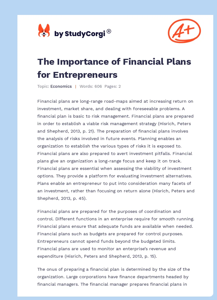 The Importance of Financial Plans for Entrepreneurs. Page 1