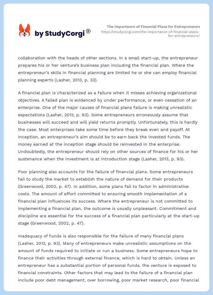 The Importance of Financial Plans for Entrepreneurs. Page 2
