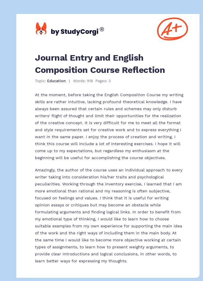 Journal Entry and English Composition Course Reflection. Page 1