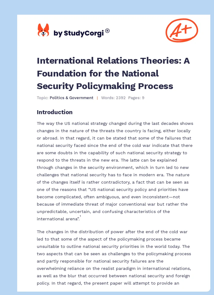 International Relations Theories: A Foundation for the National Security Policymaking Process. Page 1