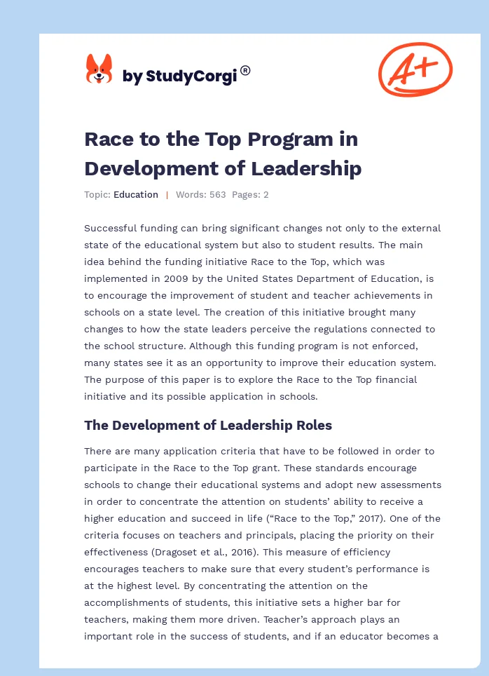 Race to the Top Program in Development of Leadership. Page 1