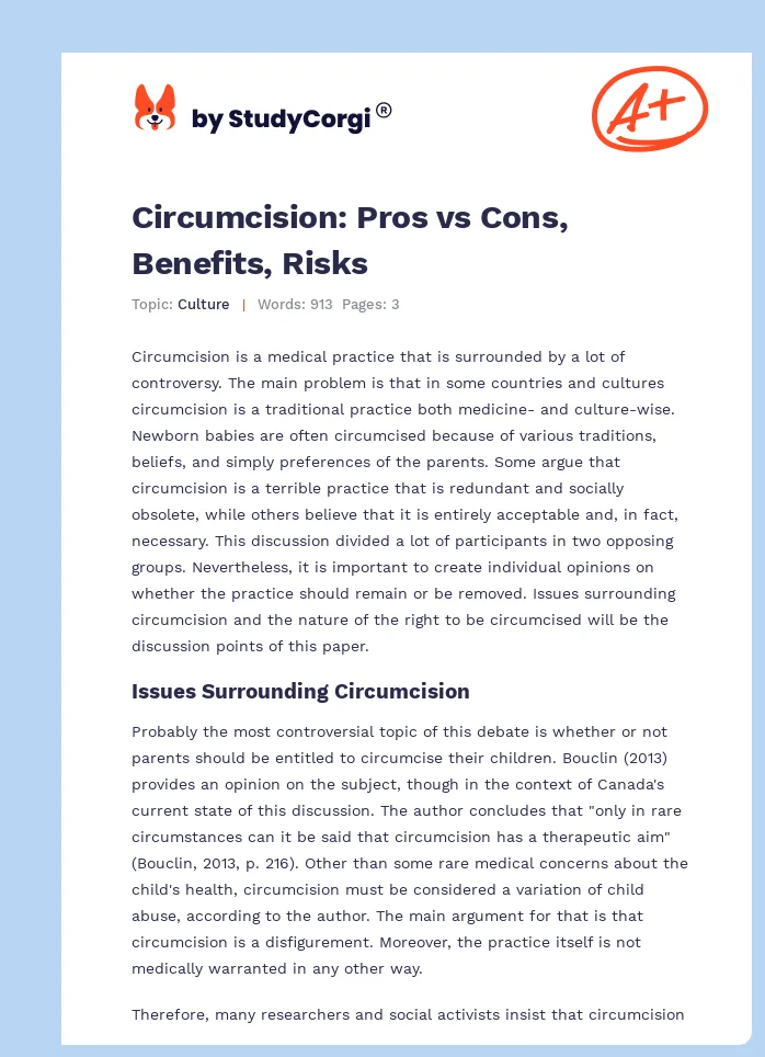 Circumcision: Pros vs Cons, Benefits, Risks. Page 1