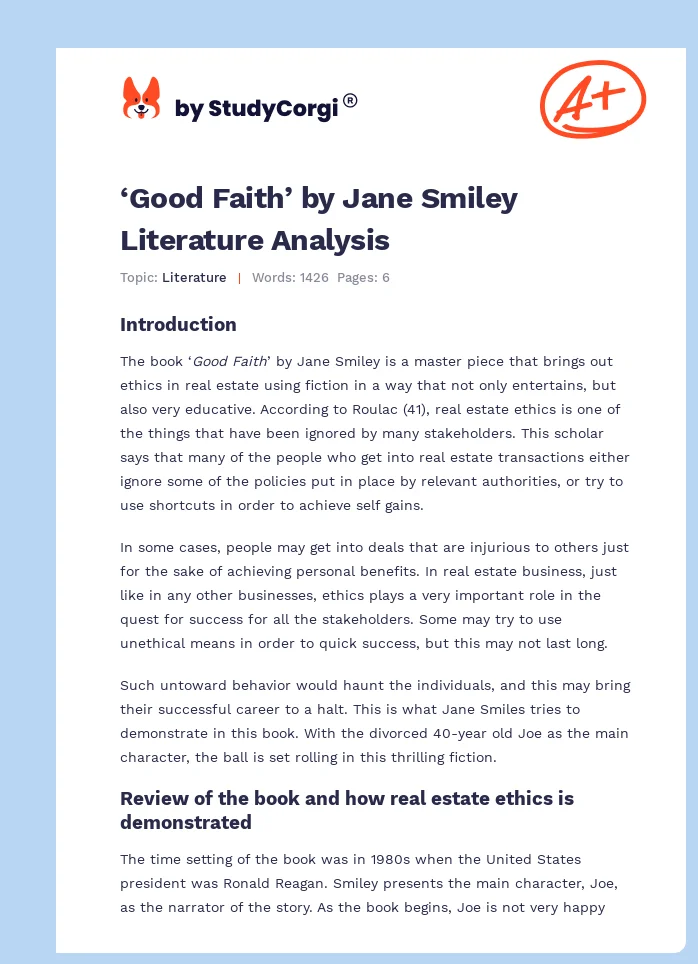 ‘Good Faith’ by Jane Smiley Literature Analysis. Page 1