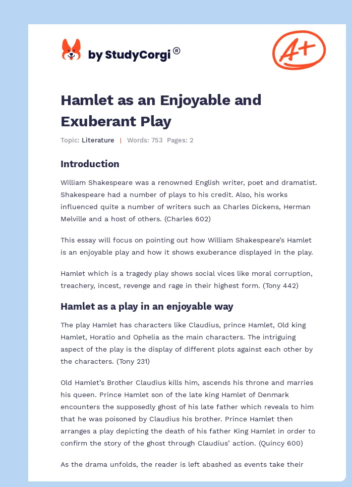 Hamlet as an Enjoyable and Exuberant Play. Page 1