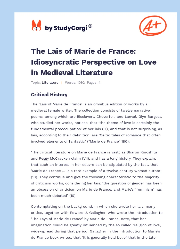 The Lais of Marie de France: Idiosyncratic Perspective on Love in Medieval Literature. Page 1