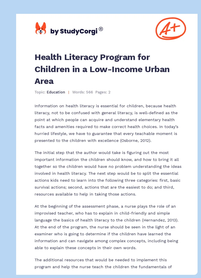 Health Literacy Program for Children in a Low-Income Urban Area. Page 1