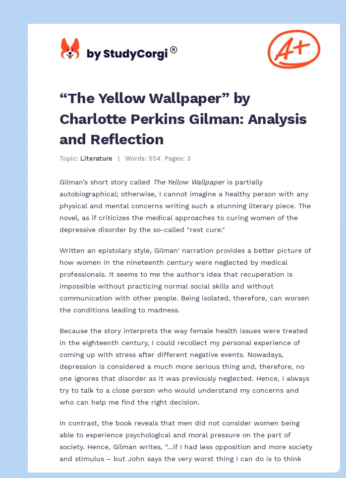 “The Yellow Wallpaper” by Charlotte Perkins Gilman: Analysis and Reflection. Page 1