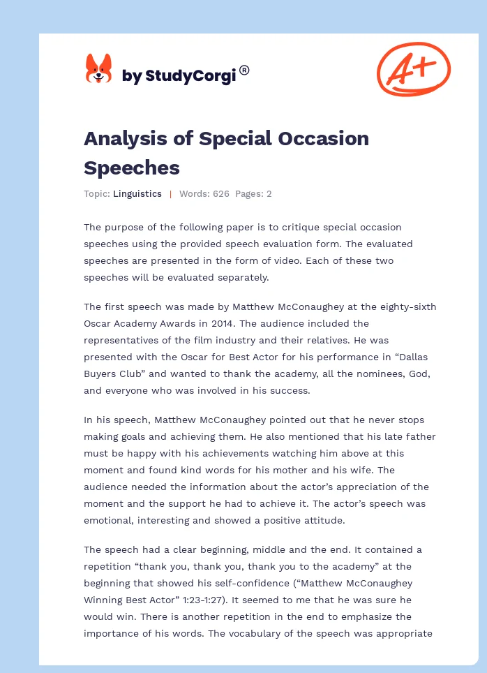 Analysis of Special Occasion Speeches. Page 1