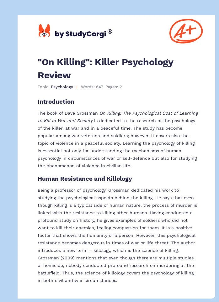 "On Killing": Killer Psychology Review. Page 1