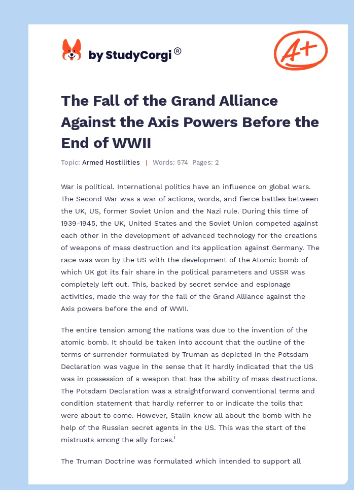 The Fall of the Grand Alliance Against the Axis Powers Before the End of WWII. Page 1