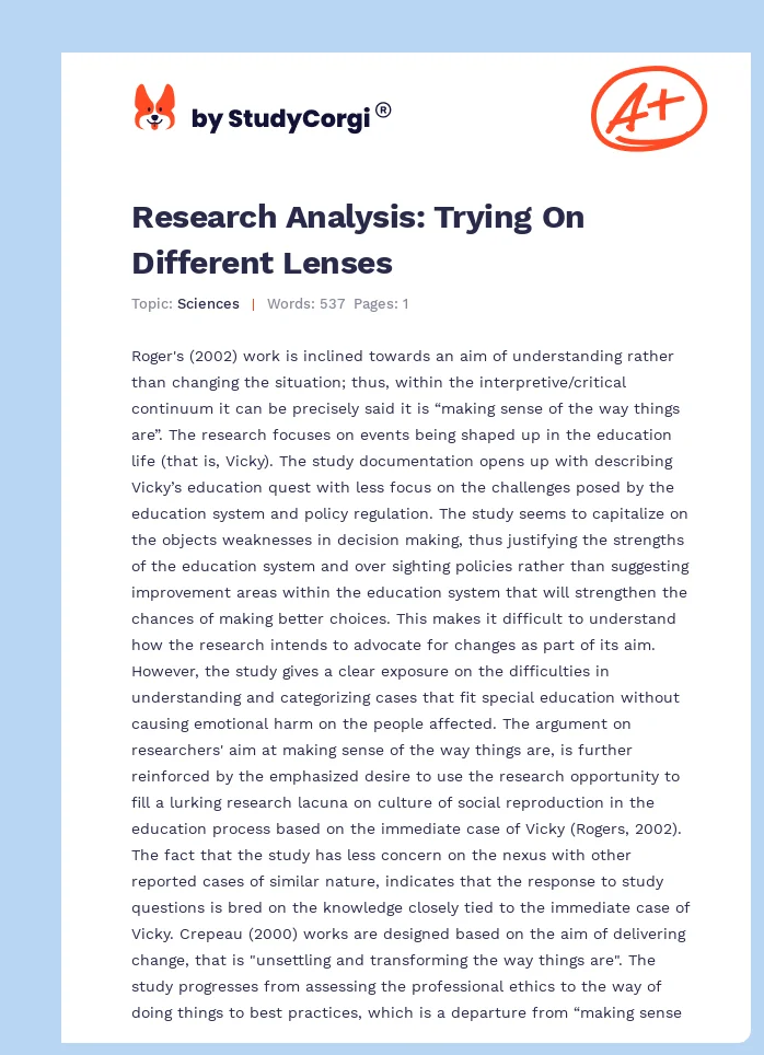 Research Analysis: Trying On Different Lenses. Page 1