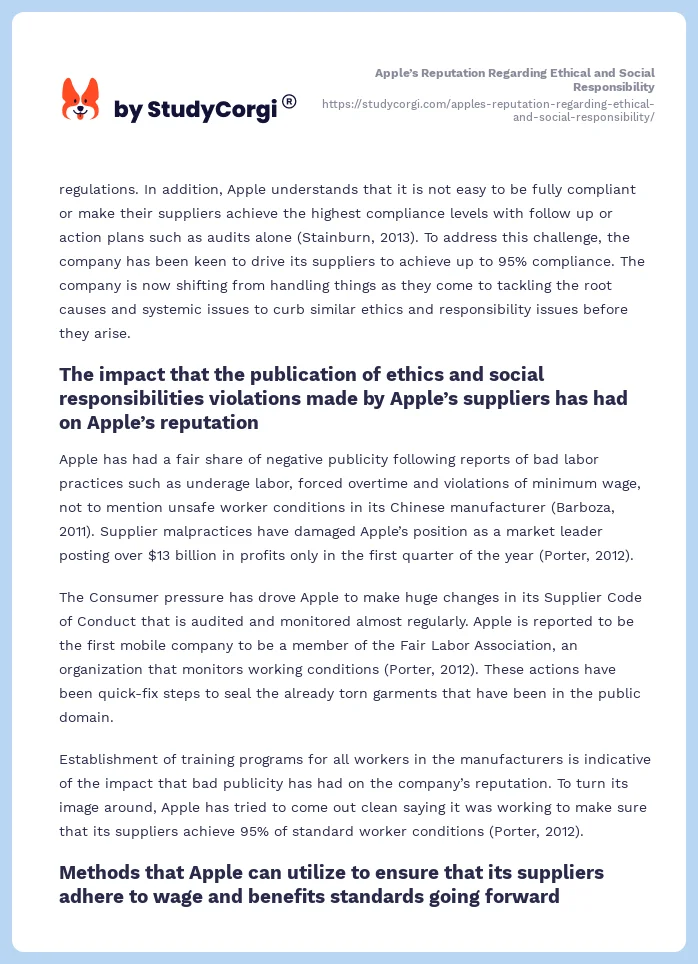 Apple’s Reputation Regarding Ethical and Social Responsibility. Page 2