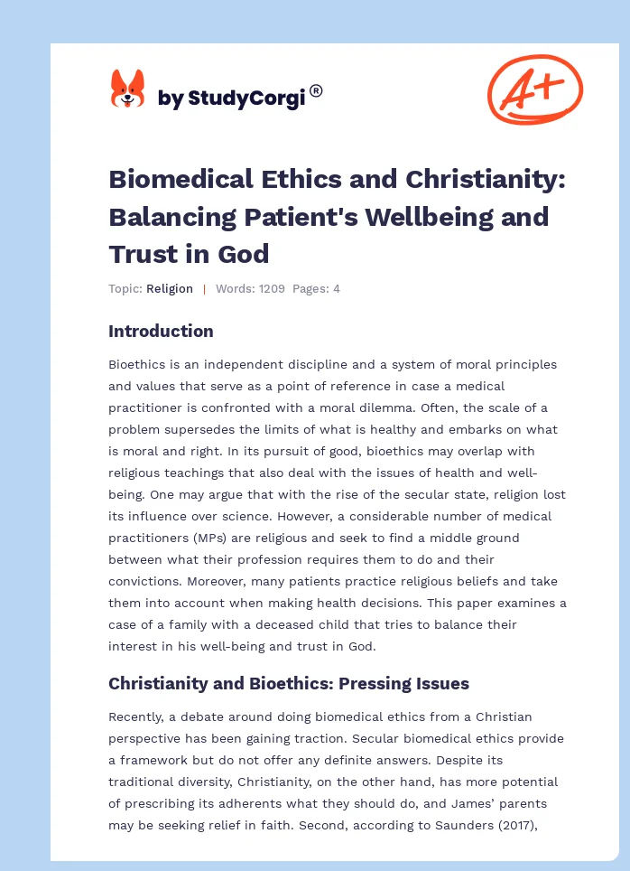 Biomedical Ethics and Christianity: Balancing Patient's Wellbeing and Trust in God. Page 1