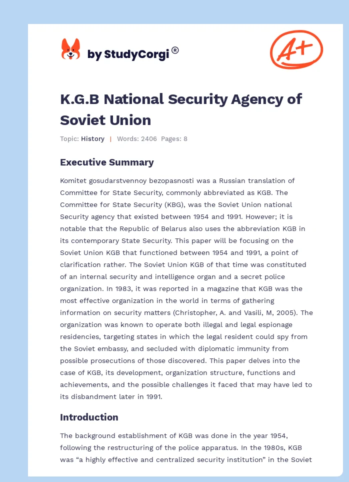 K.G.B National Security Agency of Soviet Union. Page 1