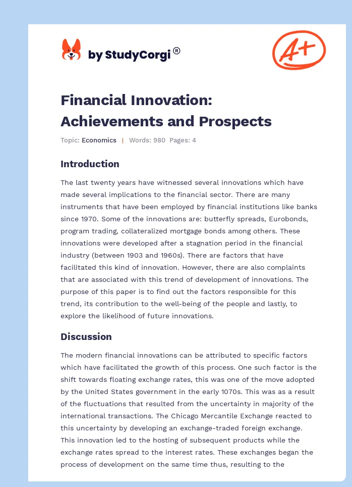 Financial Innovation: Achievements and Prospects. Page 1