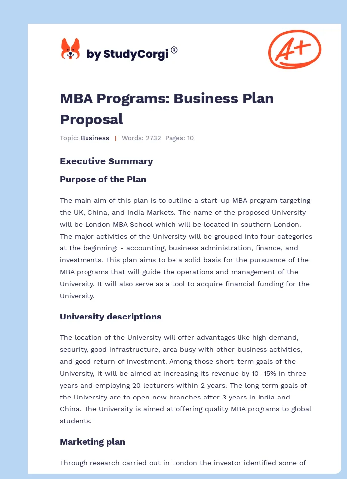 MBA Programs: Business Plan Proposal. Page 1