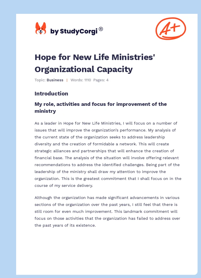 Hope for New Life Ministries' Organizational Capacity. Page 1