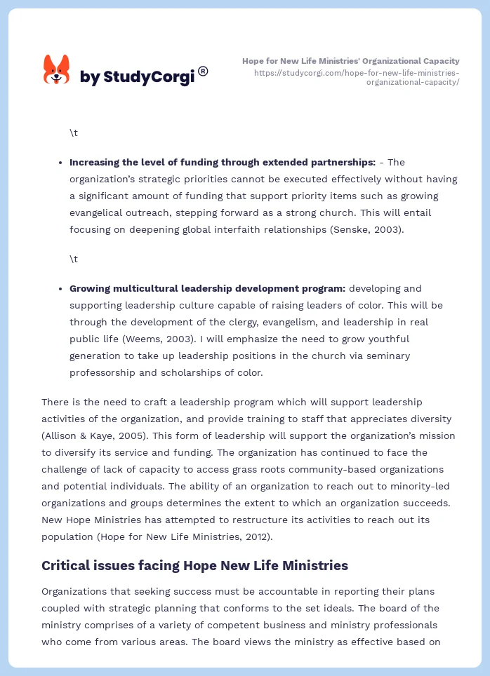Hope for New Life Ministries' Organizational Capacity. Page 2