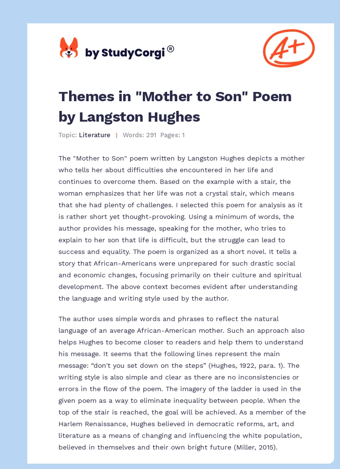 Themes in "Mother to Son" Poem by Langston Hughes. Page 1