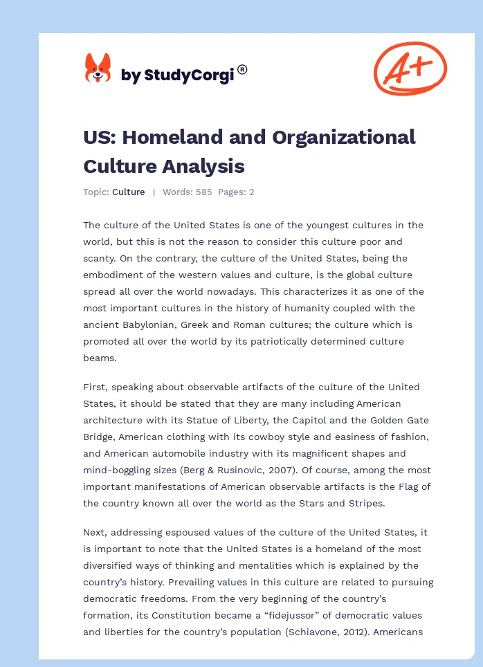US: Homeland and Organizational Culture Analysis. Page 1