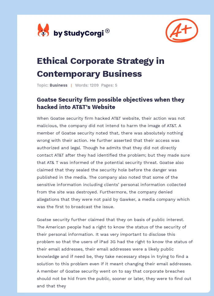 Ethical Corporate Strategy in Contemporary Business. Page 1