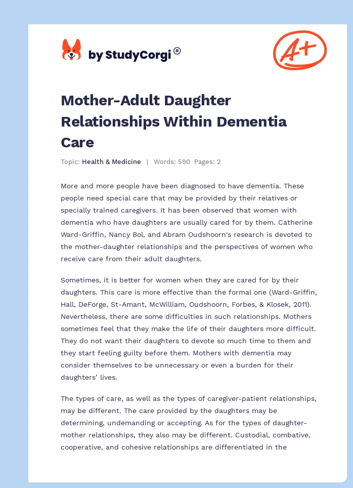 Mother-Adult Daughter Relationships Within Dementia Care. Page 1