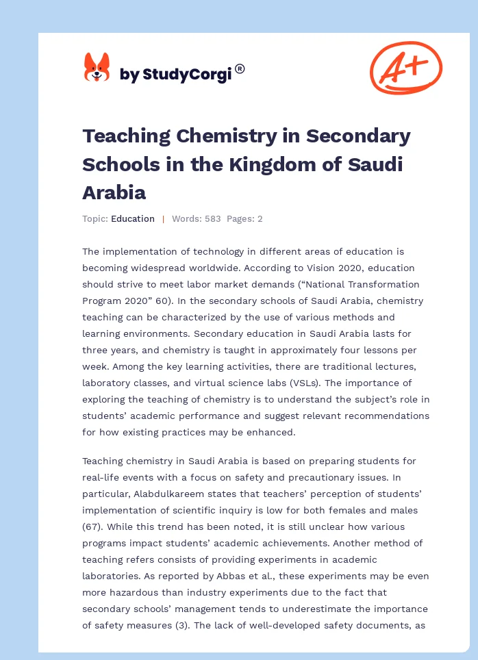 Teaching Chemistry in Secondary Schools in the Kingdom of Saudi Arabia. Page 1