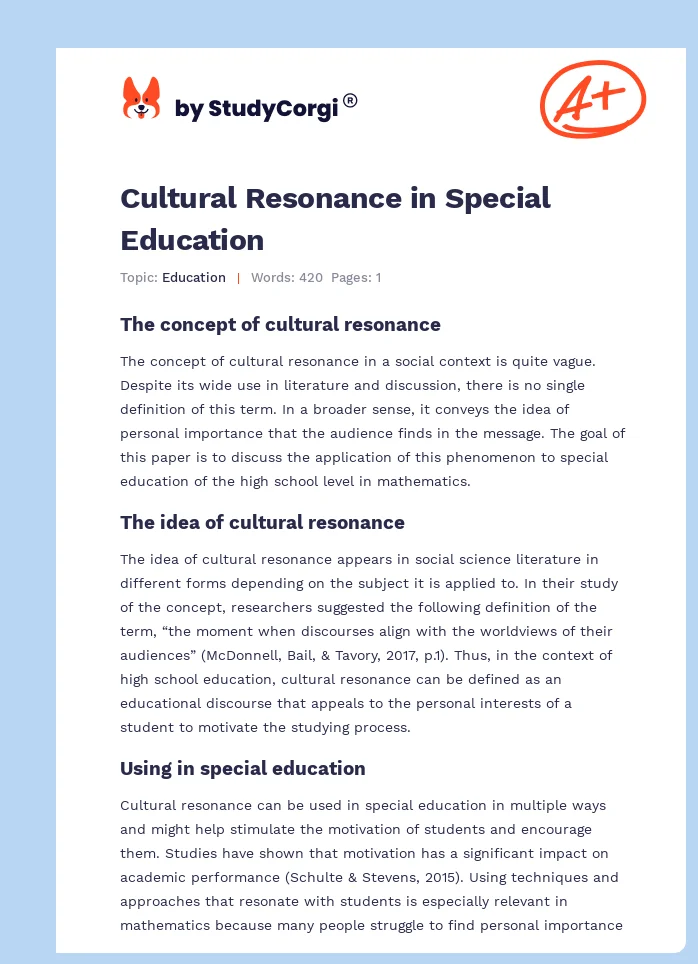 Cultural Resonance in Special Education. Page 1