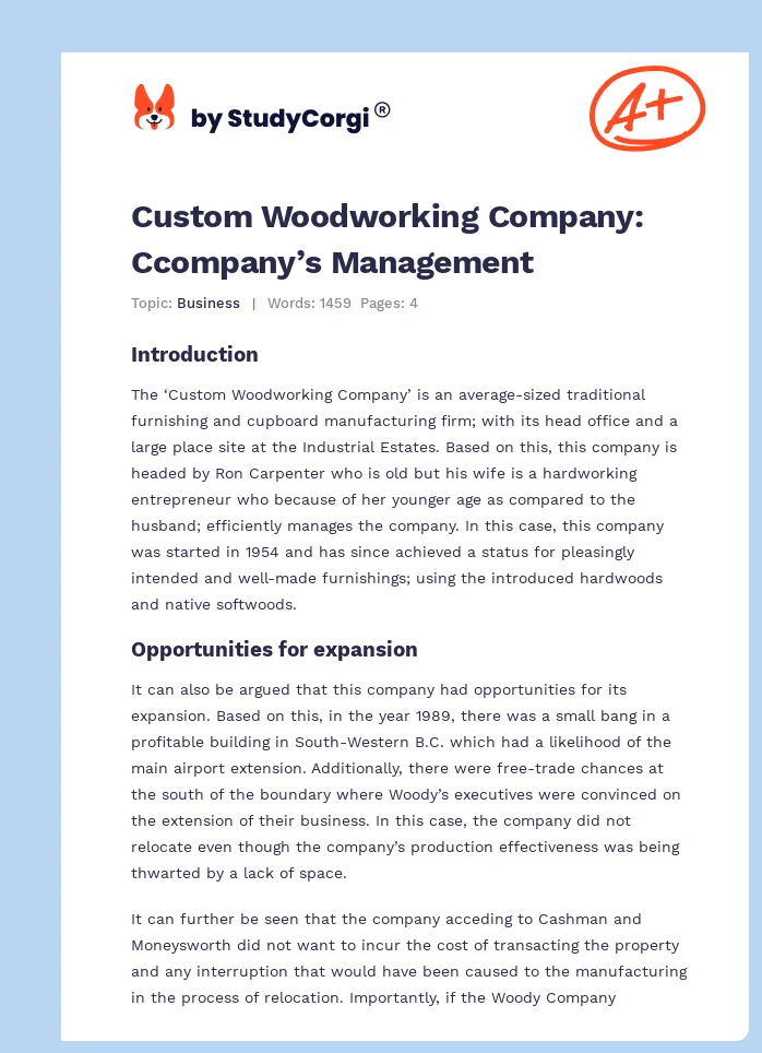 Custom Woodworking Company: Ccompany’s Management. Page 1