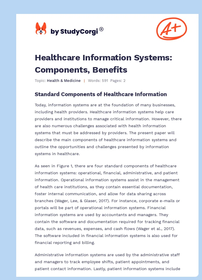 Healthcare Information Systems: Components, Benefits. Page 1