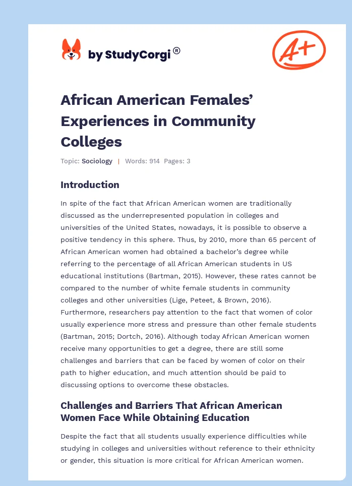 African American Females’ Experiences in Community Colleges. Page 1