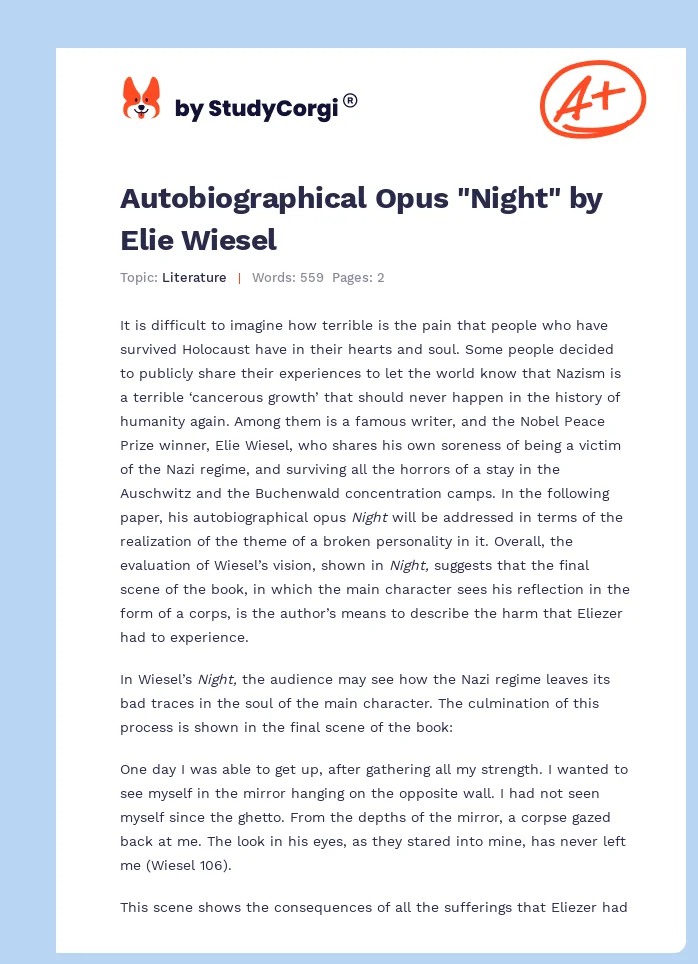 Autobiographical Opus "Night" by Elie Wiesel. Page 1