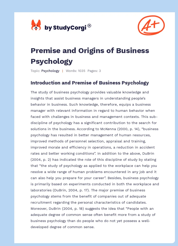 Premise and Origins of Business Psychology. Page 1