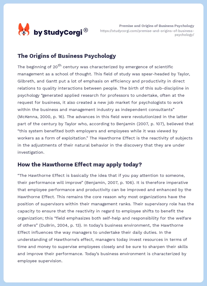 Premise and Origins of Business Psychology. Page 2
