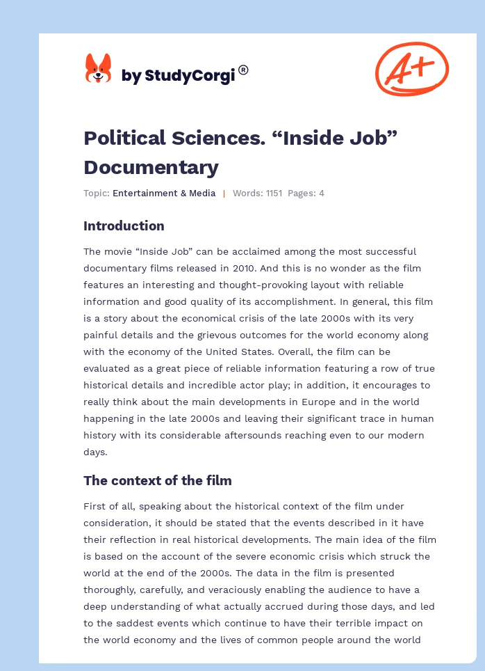 Political Sciences. “Inside Job” Documentary. Page 1