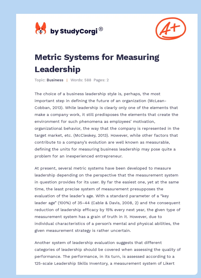 Metric Systems for Measuring Leadership. Page 1