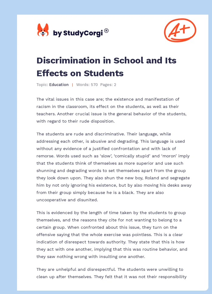 Discrimination in School and Its Effects on Students. Page 1