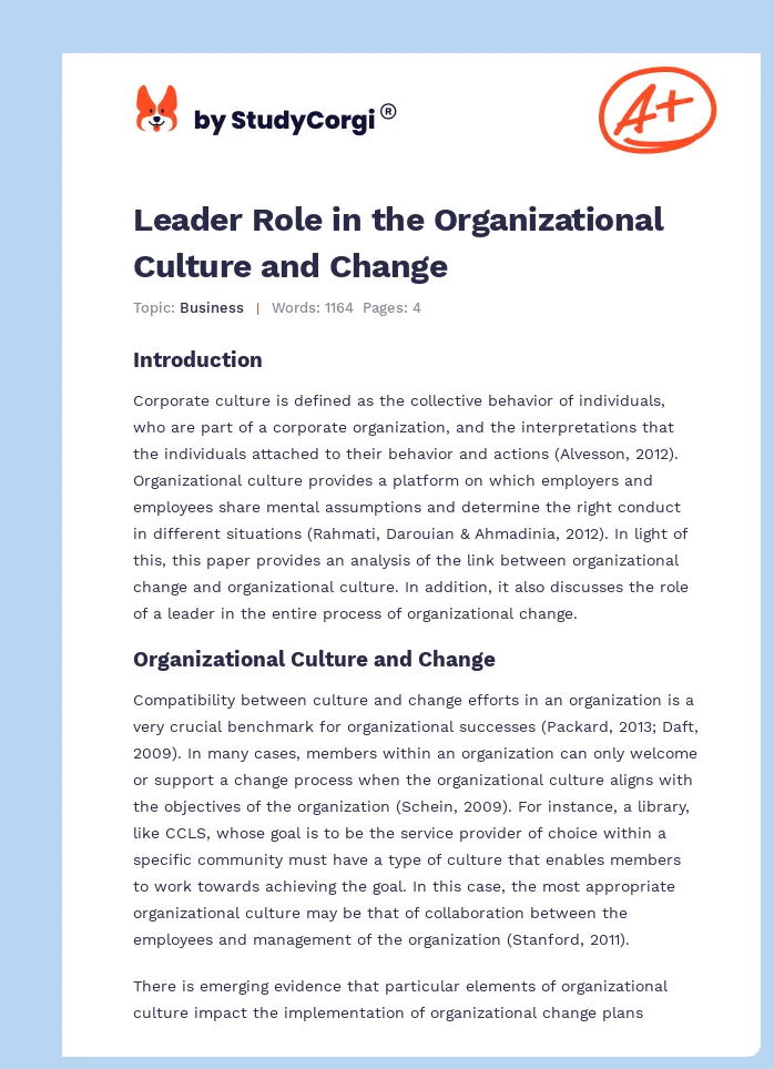 Leader Role in the Organizational Culture and Change. Page 1
