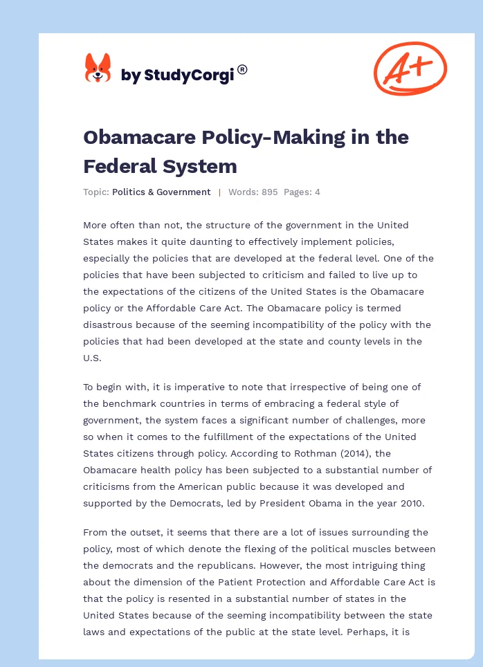 Obamacare Policy-Making in the Federal System. Page 1