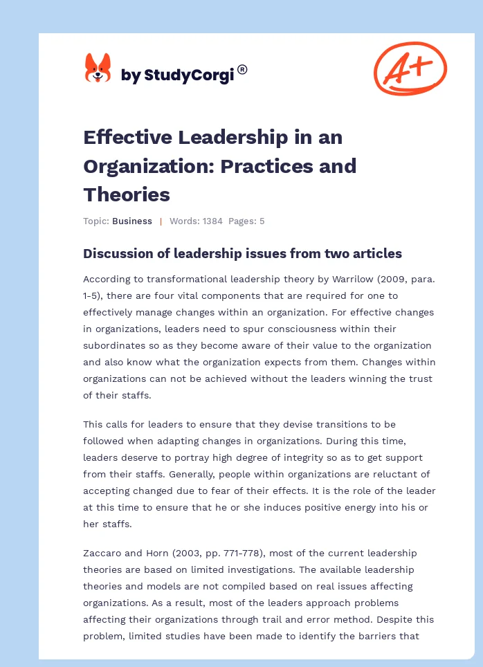 Effective Leadership in an Organization: Practices and Theories. Page 1